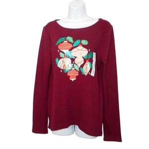 Croft Barrow Top Womens S Long Sleeve Christmas Ornament Embellished Graphic Tee
